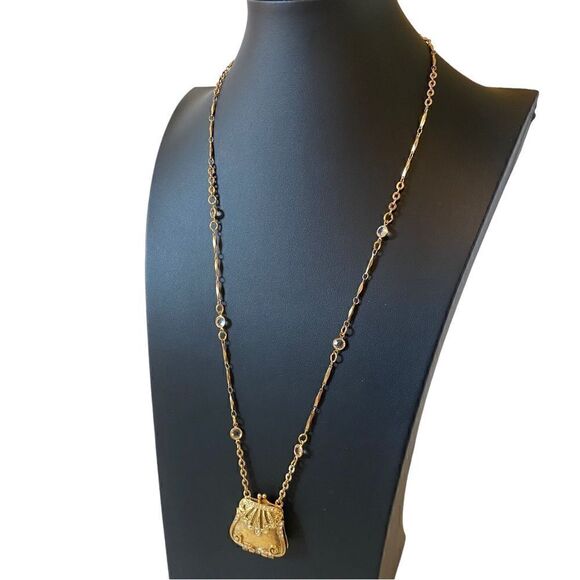 1928 Brand Vintage Gold Toned & & Clear Faceted Bead Purse Pendant Necklace. - Picture 3 of 8